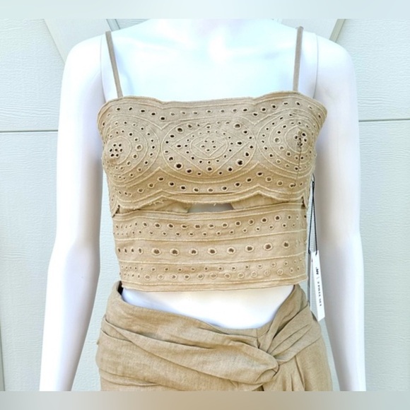 NWT Jason Tan Linen Blend Crochet Eyelet Boho Bohemian Vacation Crop Top Blouse - Picture 7 of 8